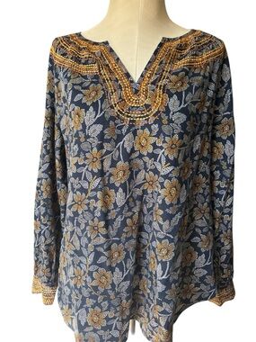J. Jill Navy Floral Tunic with Gold embroidered Yoke